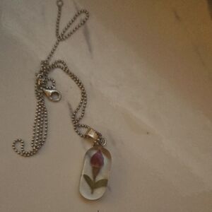 Red and Silver Floral Pendant Necklace(rose is real).